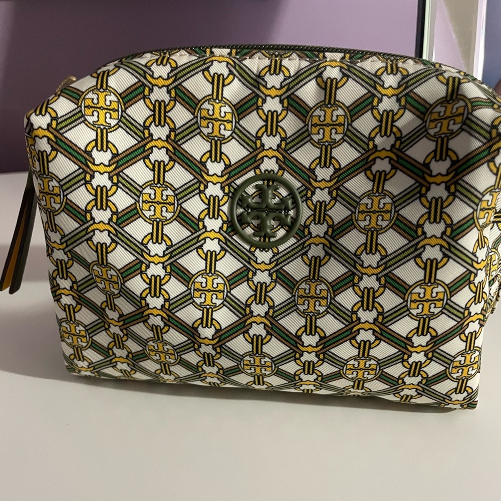 Tory Burch Yellow, Green and White Piper Printed Cosmetic Case